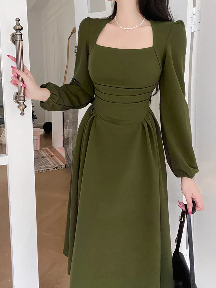 Joskka Folds Puff Sleeve Corsets Women Midi Dress Elegant Bodycon Autumn Elegant Party Casual Lady Long Dress Streetwear
