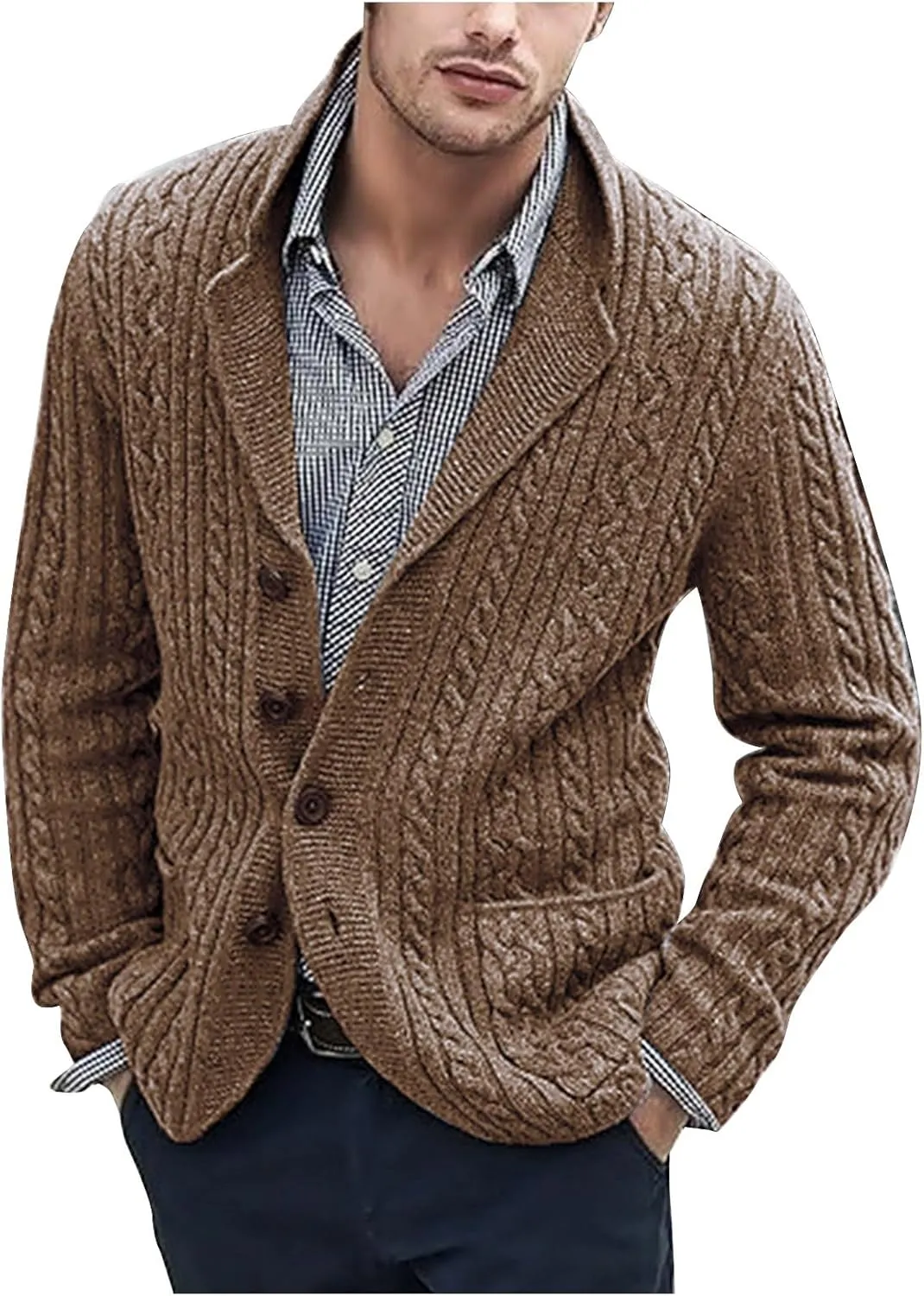 Knit Cardigan Men Shawl Collar Cardigan Sweater Casual Button Down Sweaters Winter Knit Sweater with Pockets