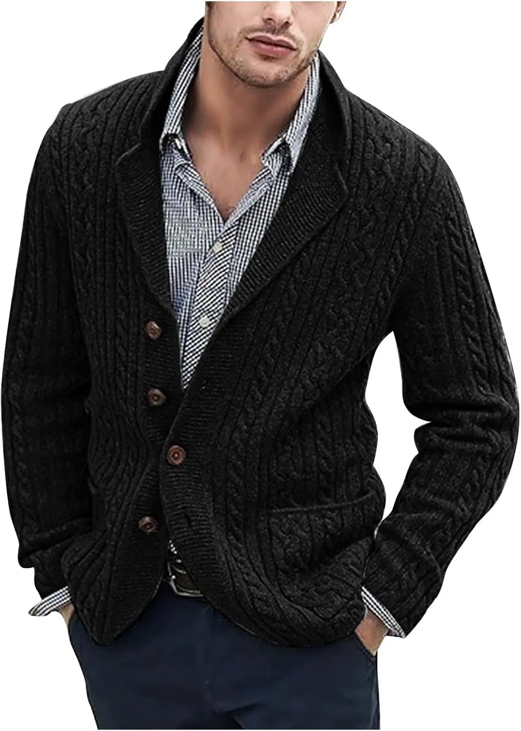Knit Cardigan Men Shawl Collar Cardigan Sweater Casual Button Down Sweaters Winter Knit Sweater with Pockets