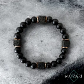 Lava Cubes Bead Bracelet For Men Matte Black Onyx Copper