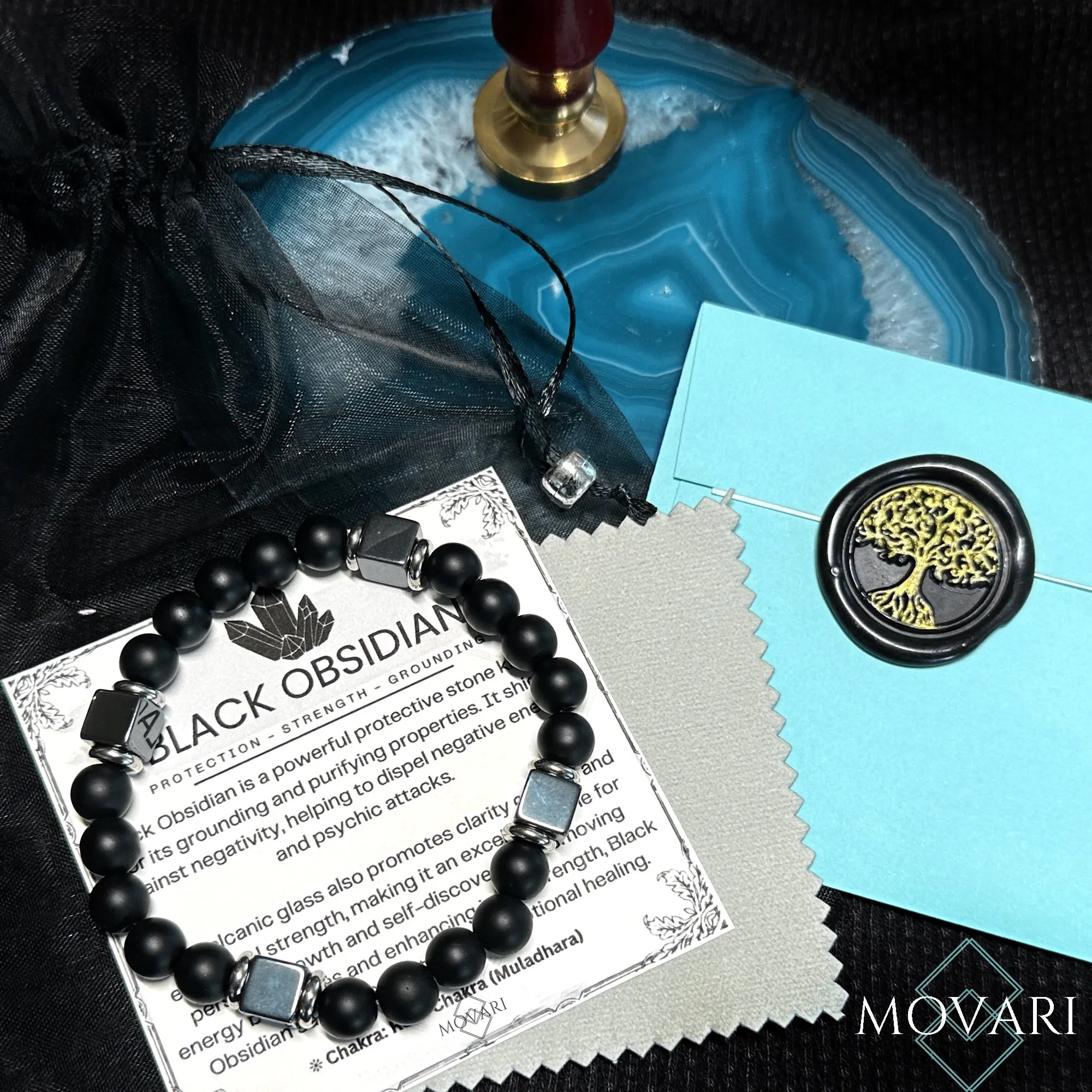 Lava Cubes Bead Bracelet For Men Matte Black Onyx Copper
