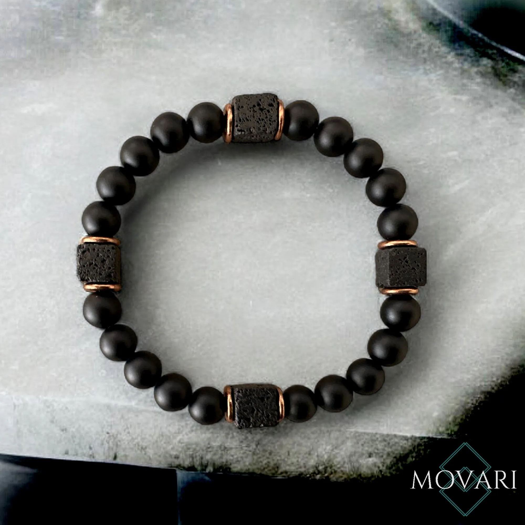 Lava Cubes Bead Bracelet For Men Matte Black Onyx Copper
