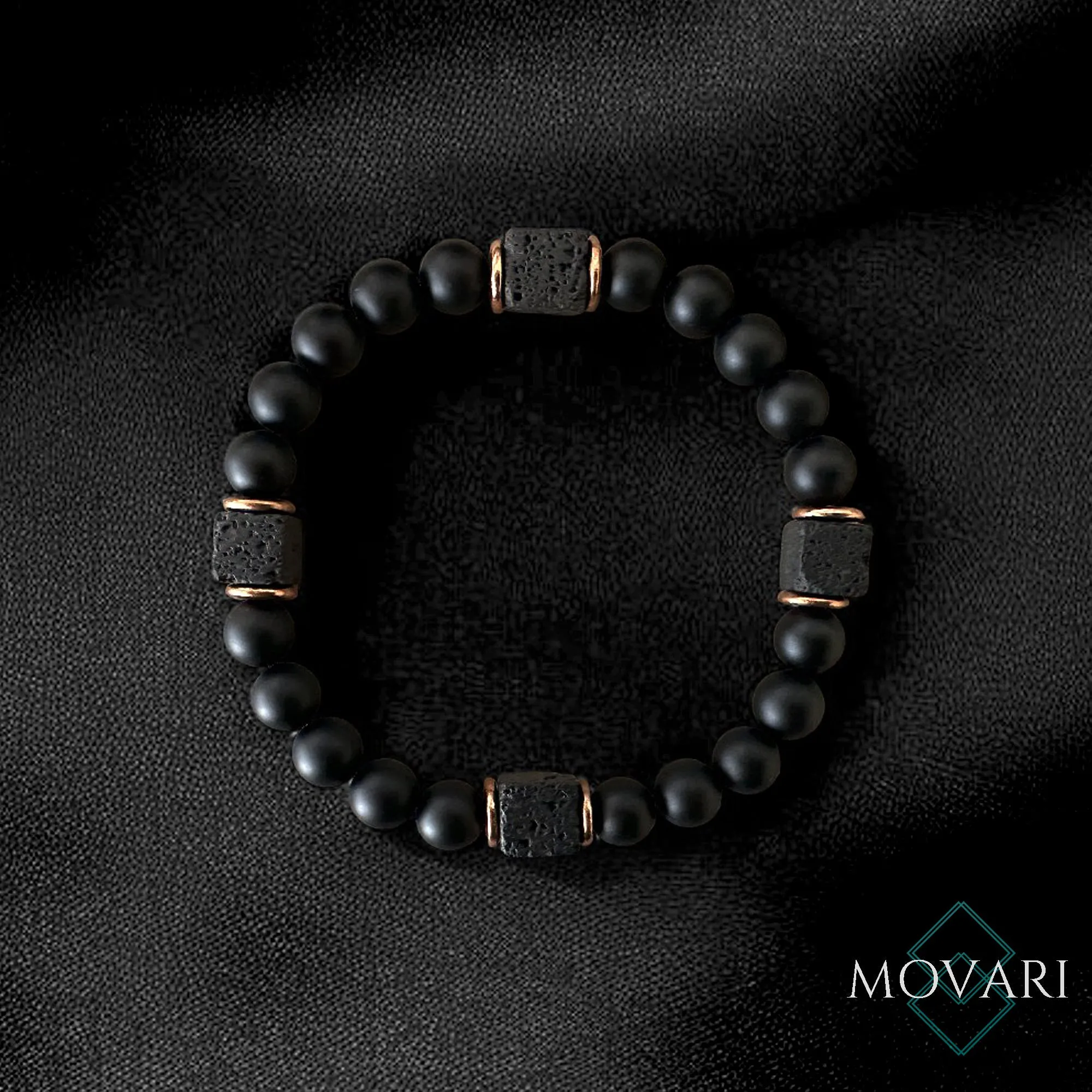 Lava Cubes Bead Bracelet For Men Matte Black Onyx Copper