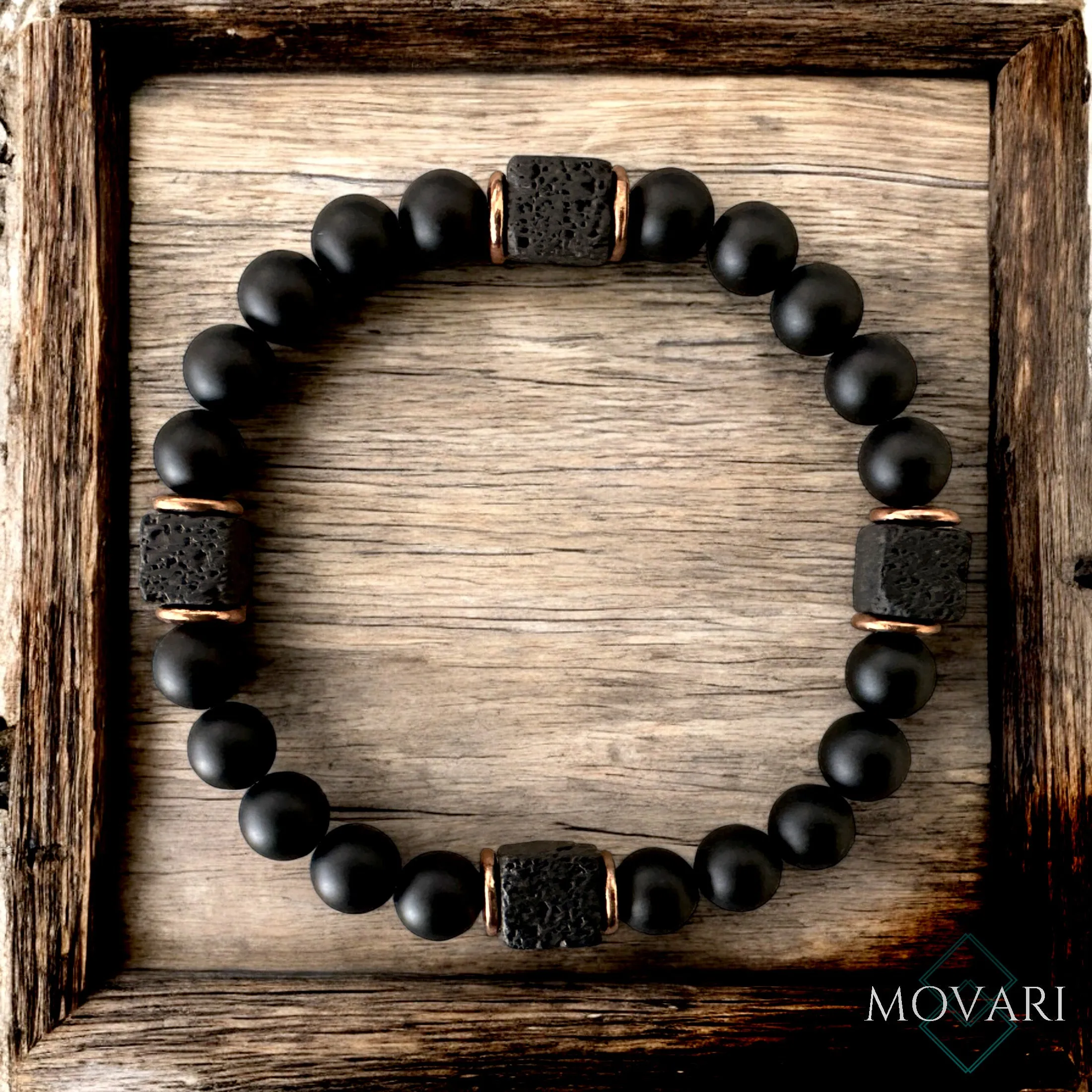 Lava Cubes Bead Bracelet For Men Matte Black Onyx Copper