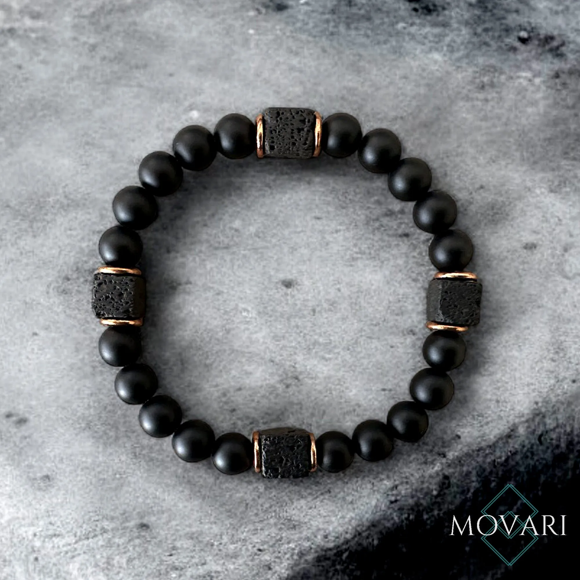 Lava Cubes Bead Bracelet For Men Matte Black Onyx Copper