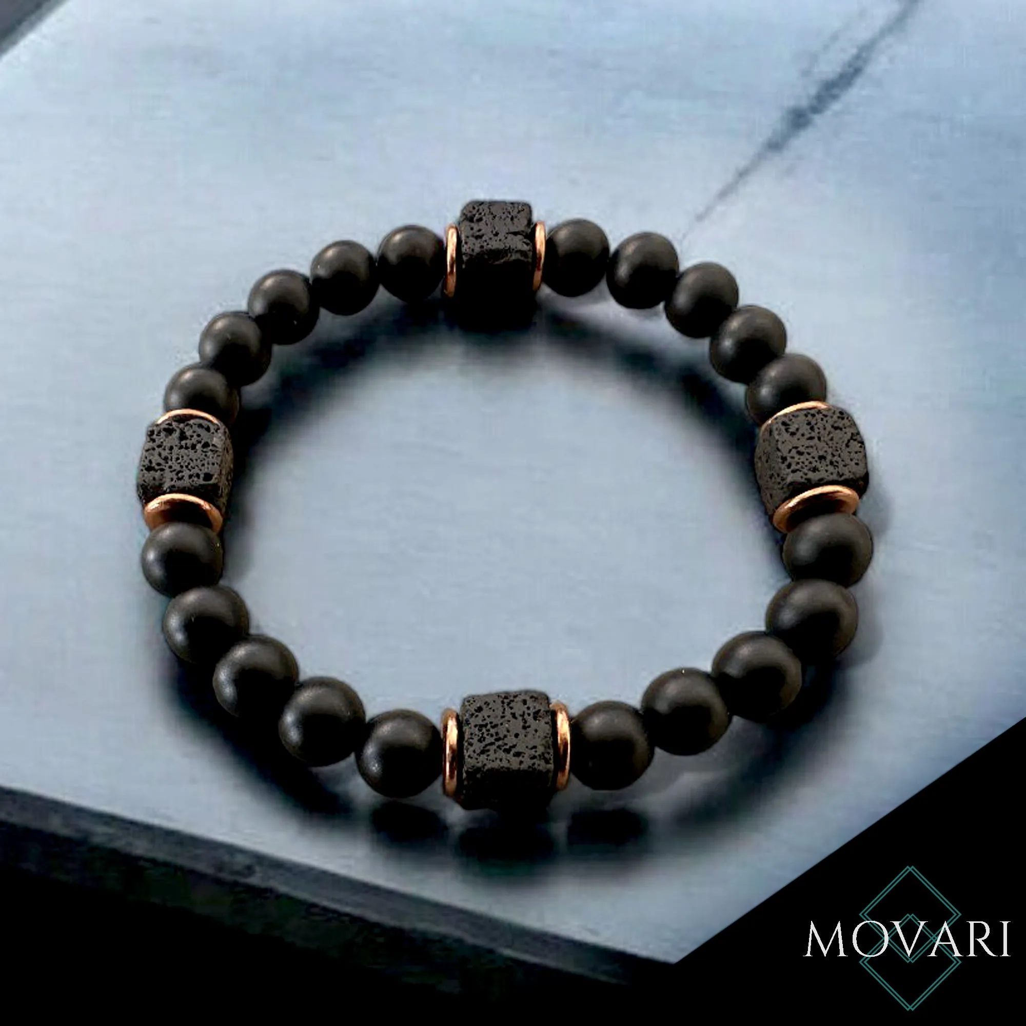 Lava Cubes Bead Bracelet For Men Matte Black Onyx Copper