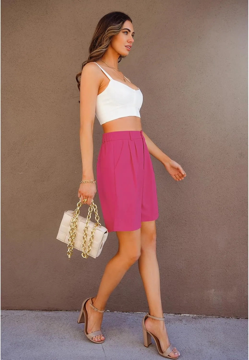 luvamia Bermuda Shorts for Women Dressy Casual High Waisted Summer Work Elastic Waist Pleated Dress Shorts with Pockets