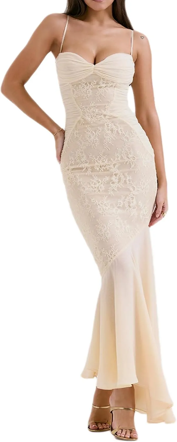 meilun Elegant Mesh Wedding Guest Dress Flowy Ruffle Bodycon Maxi Dress Fishtail Long Formal Dress