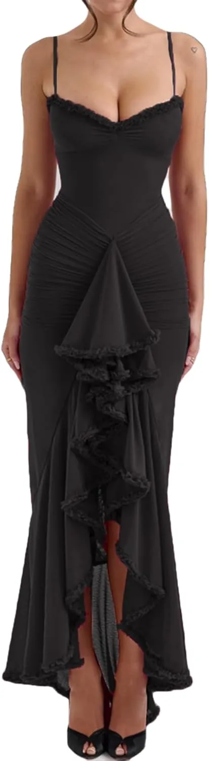 meilun Elegant Mesh Wedding Guest Dress Flowy Ruffle Bodycon Maxi Dress Fishtail Long Formal Dress
