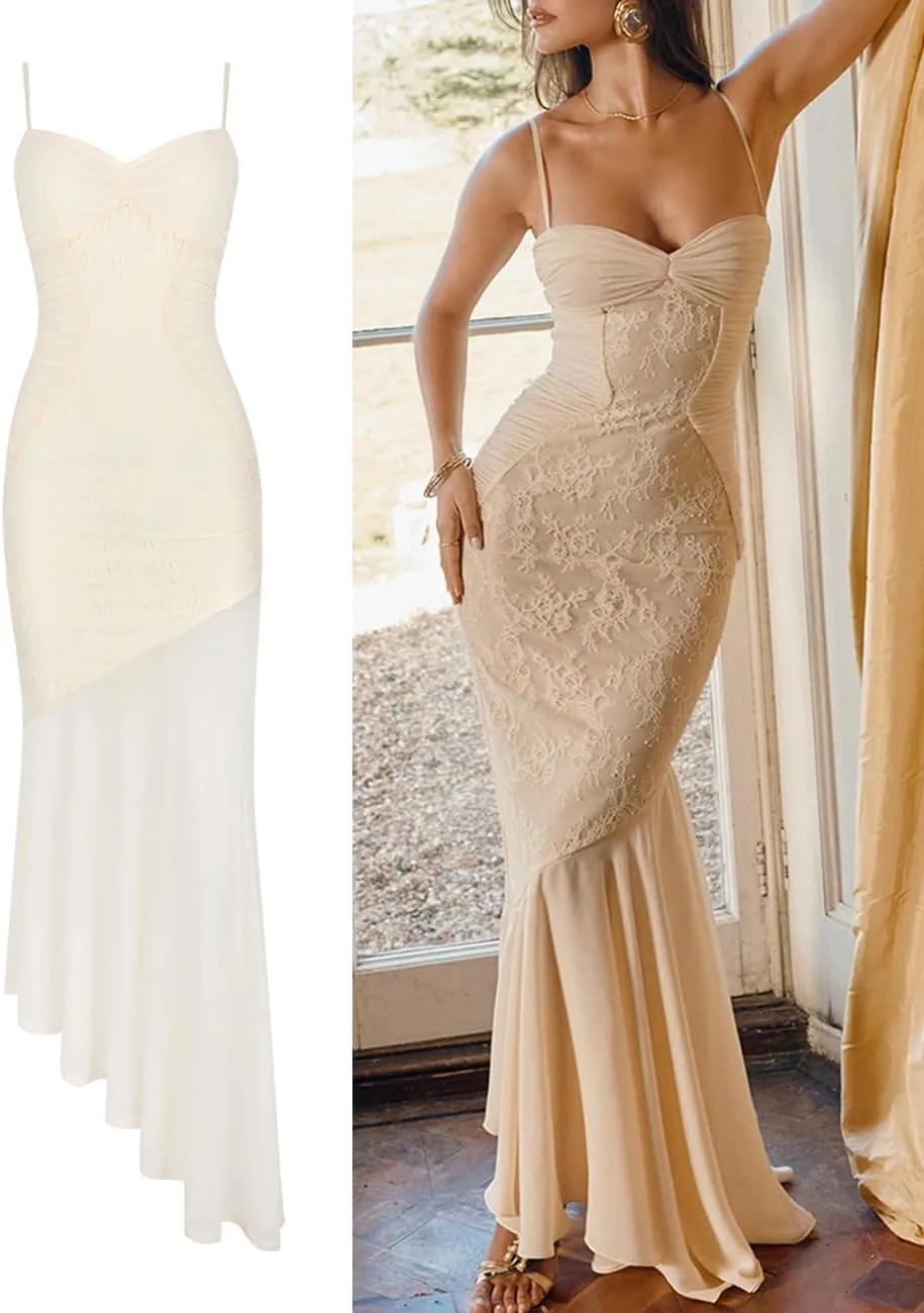 meilun Elegant Mesh Wedding Guest Dress Flowy Ruffle Bodycon Maxi Dress Fishtail Long Formal Dress