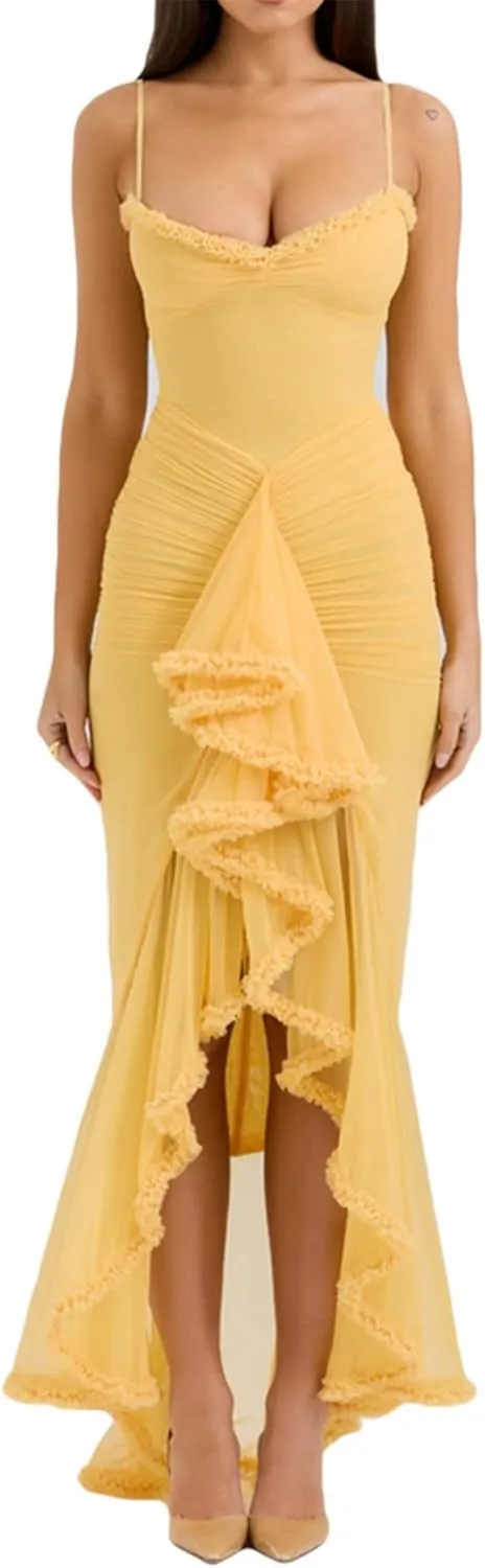 meilun Elegant Mesh Wedding Guest Dress Flowy Ruffle Bodycon Maxi Dress Fishtail Long Formal Dress