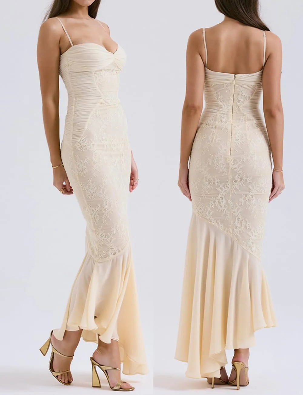 meilun Elegant Mesh Wedding Guest Dress Flowy Ruffle Bodycon Maxi Dress Fishtail Long Formal Dress