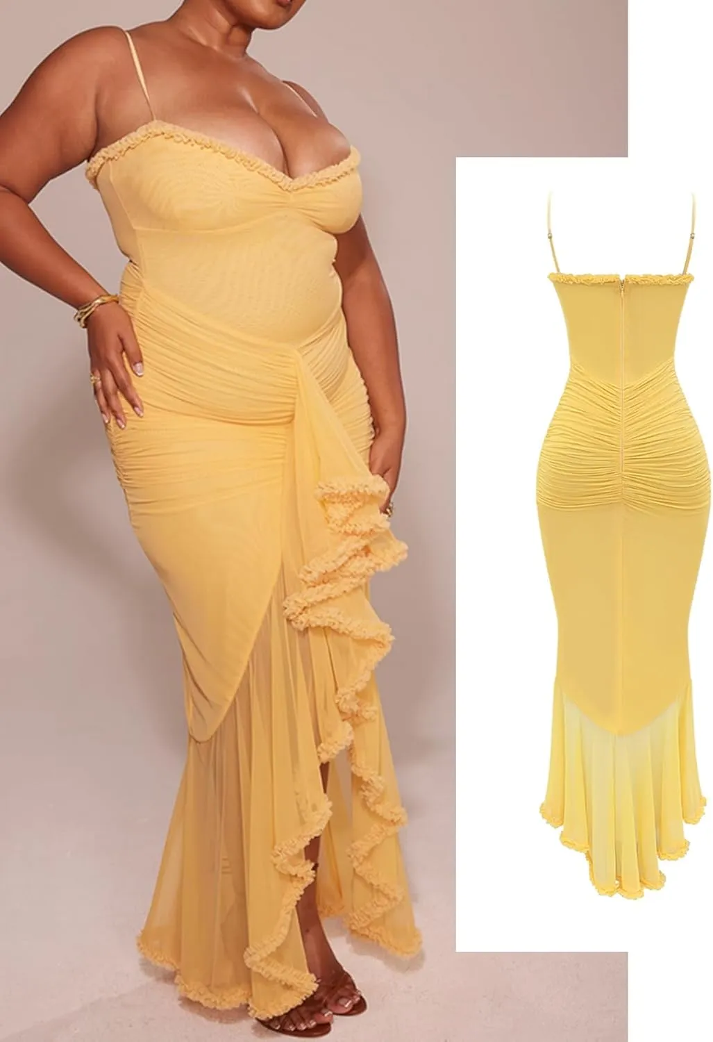 meilun Elegant Mesh Wedding Guest Dress Flowy Ruffle Bodycon Maxi Dress Fishtail Long Formal Dress