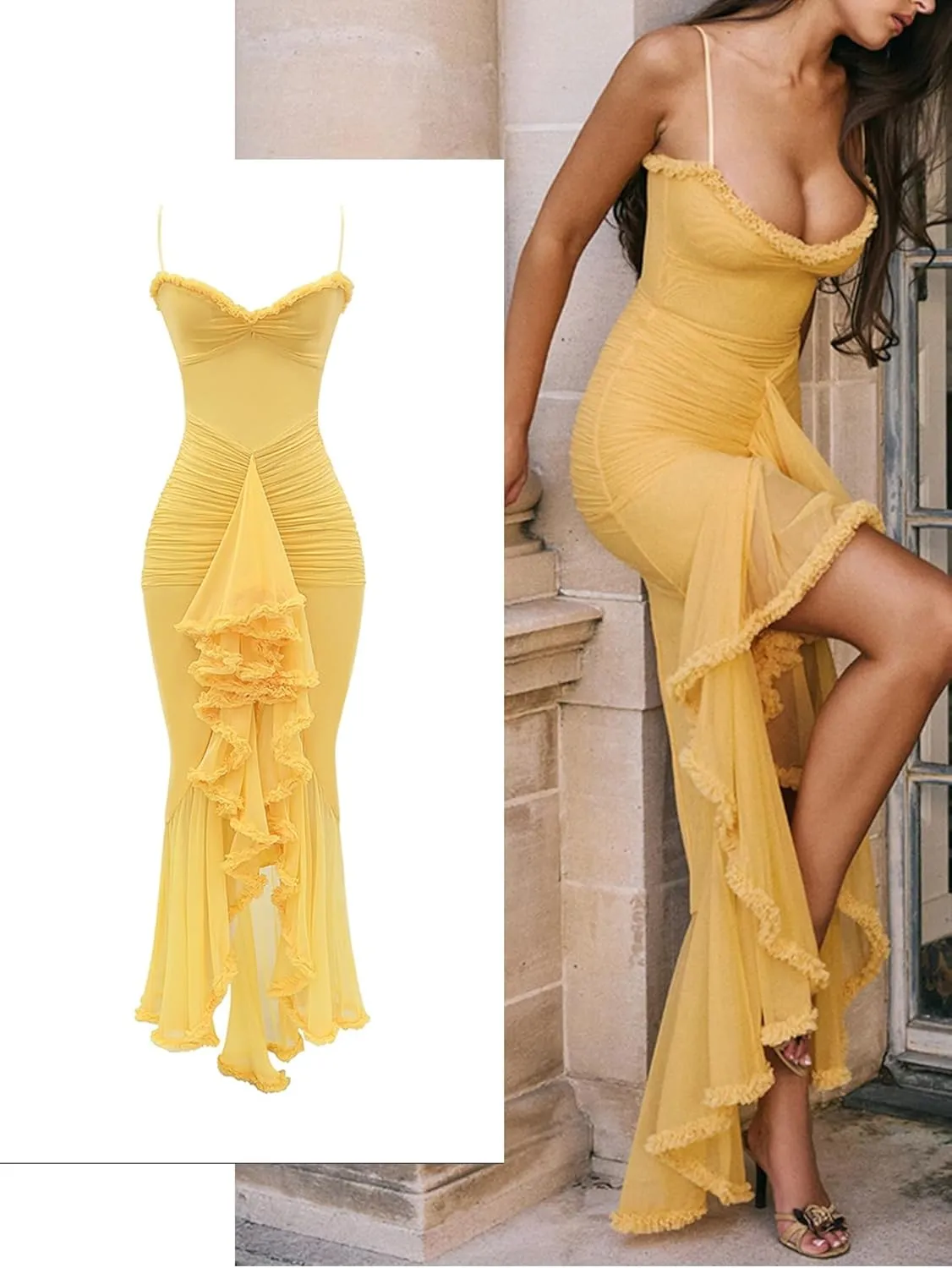 meilun Elegant Mesh Wedding Guest Dress Flowy Ruffle Bodycon Maxi Dress Fishtail Long Formal Dress