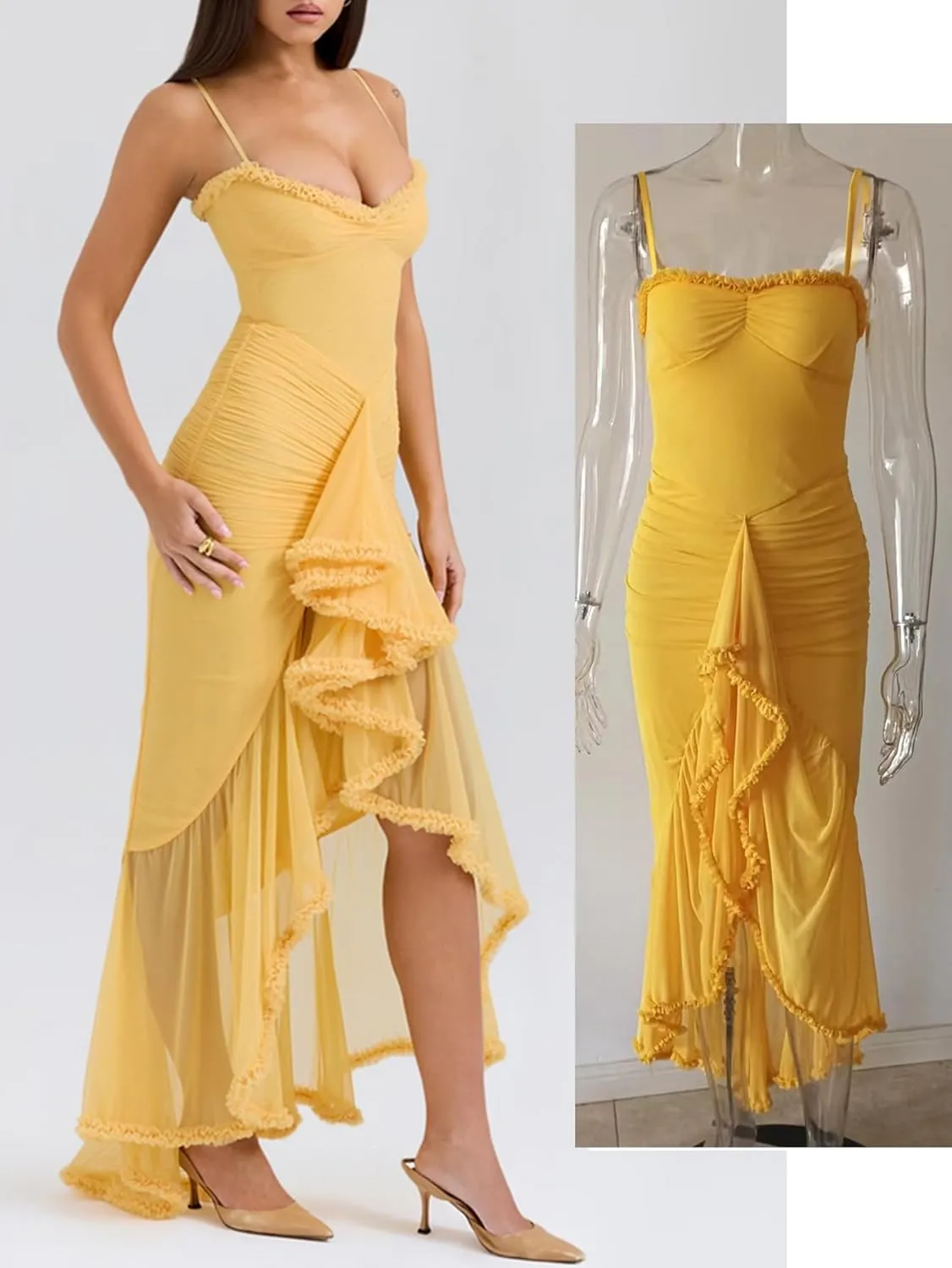 meilun Elegant Mesh Wedding Guest Dress Flowy Ruffle Bodycon Maxi Dress Fishtail Long Formal Dress