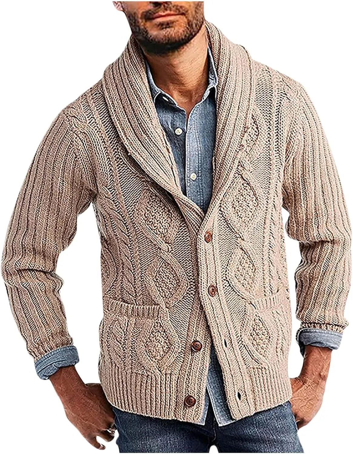 Mens Vintage Sweater Lightweight Button Down Sweaters Casual Cable Knit Cardigan Winter Sweater with Pockets