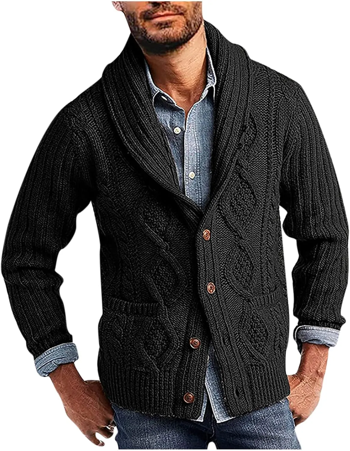 Mens Vintage Sweater Lightweight Button Down Sweaters Casual Cable Knit Cardigan Winter Sweater with Pockets