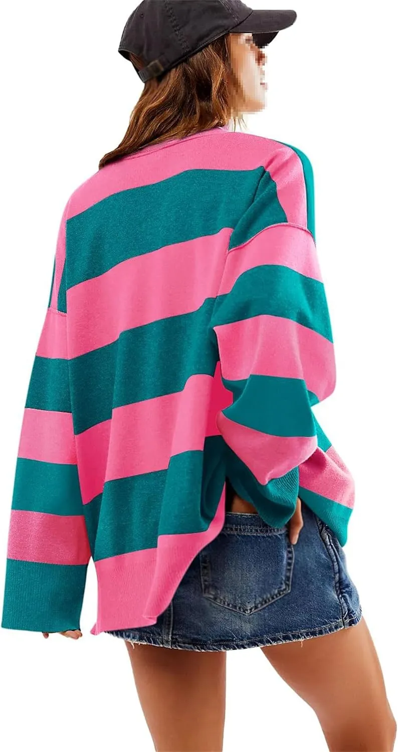 Oversized Womens Sweaters Fall Half Zipper Turtleneck Sweater, Striped Color Block Turtleneck Knit Loose Jumper Tops