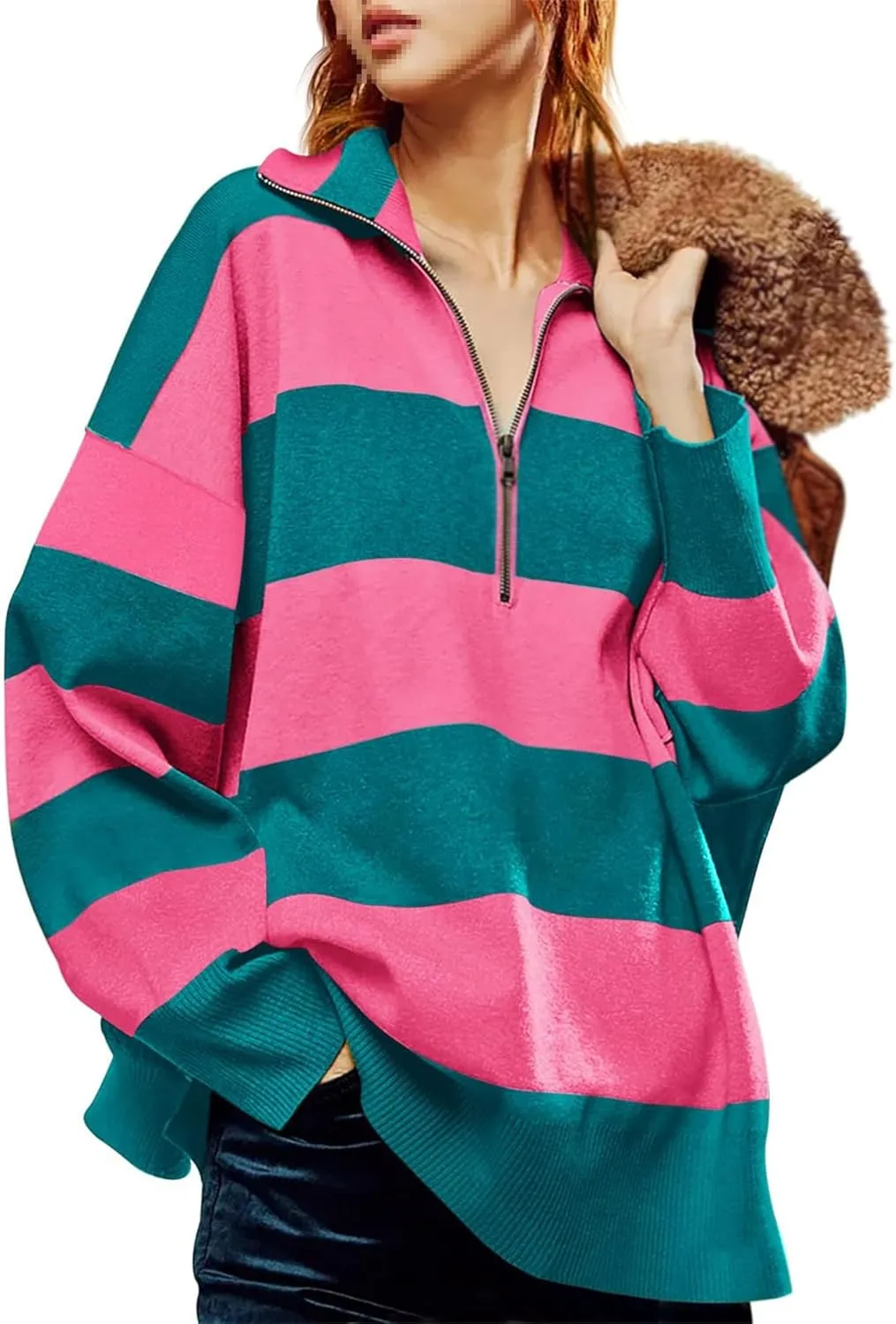 Oversized Womens Sweaters Fall Half Zipper Turtleneck Sweater, Striped Color Block Turtleneck Knit Loose Jumper Tops