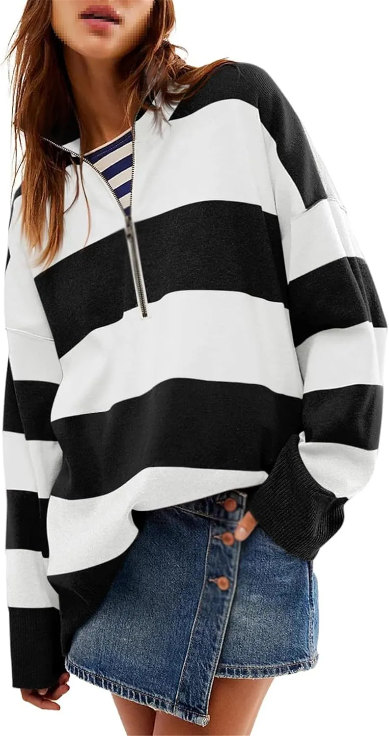 Oversized Womens Sweaters Fall Half Zipper Turtleneck Sweater, Striped Color Block Turtleneck Knit Loose Jumper Tops