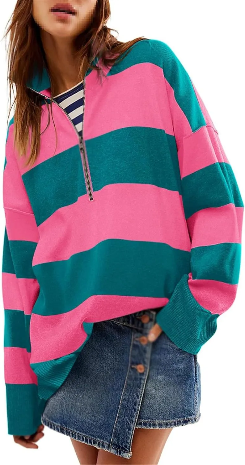 Oversized Womens Sweaters Fall Half Zipper Turtleneck Sweater, Striped Color Block Turtleneck Knit Loose Jumper Tops