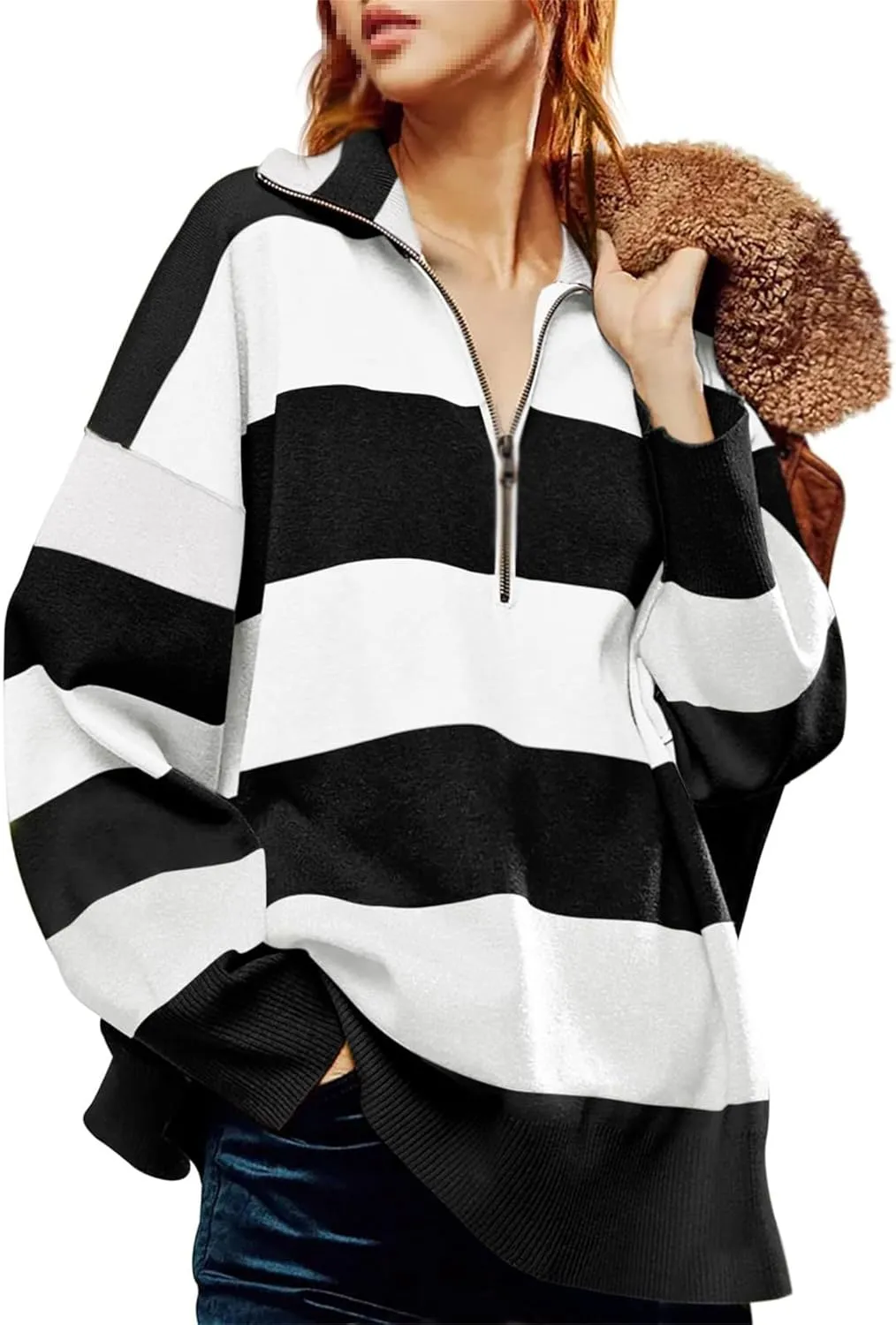 Oversized Womens Sweaters Fall Half Zipper Turtleneck Sweater, Striped Color Block Turtleneck Knit Loose Jumper Tops