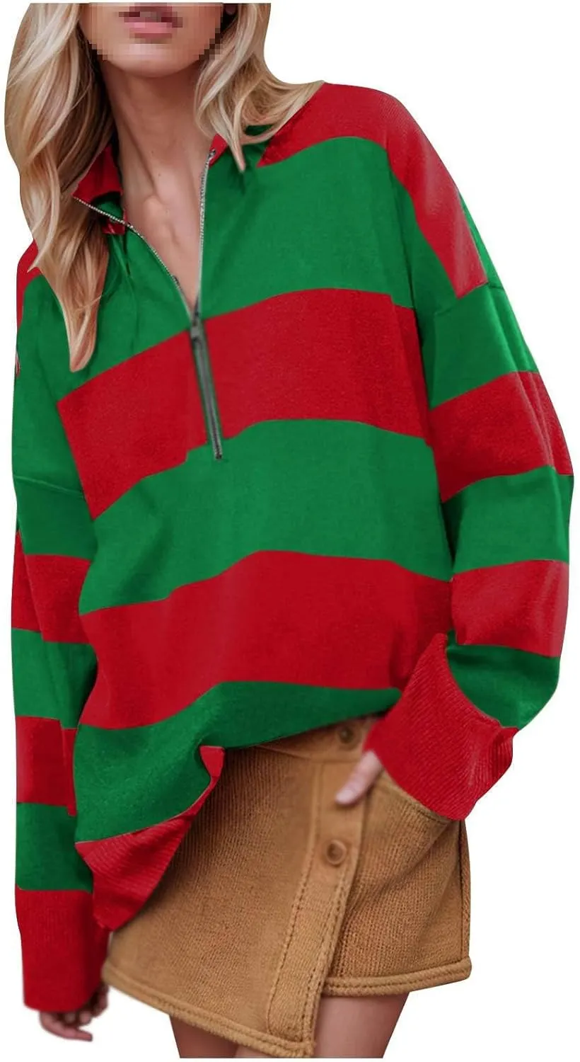 Oversized Womens Sweaters Fall Half Zipper Turtleneck Sweater, Striped Color Block Turtleneck Knit Loose Jumper Tops