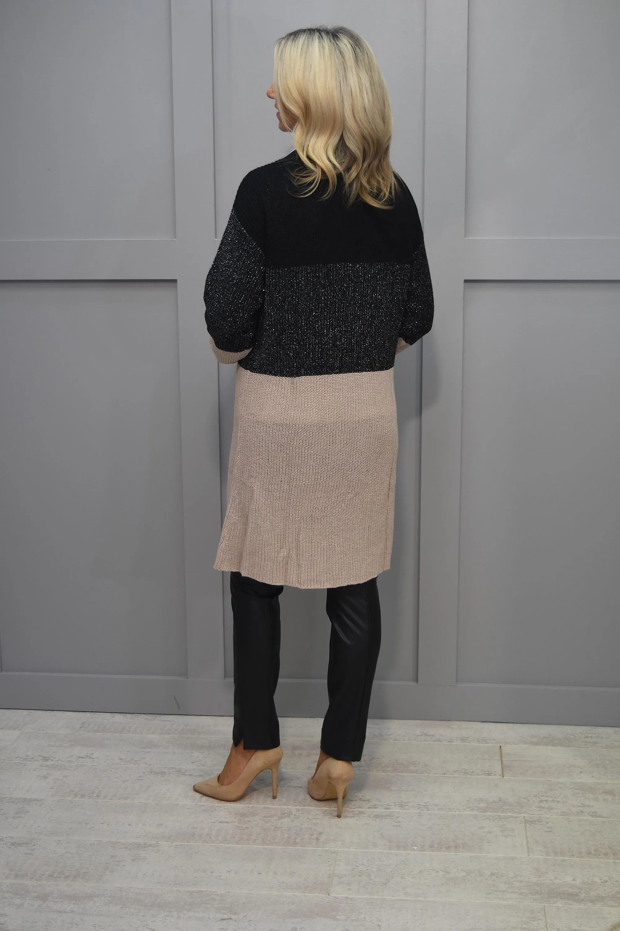 Passioni Black & Beige Cardigan With Silver Sparkle Detail-14164