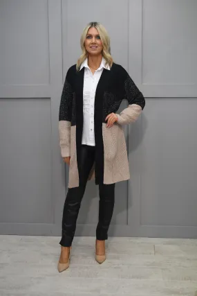 Passioni Black & Beige Cardigan With Silver Sparkle Detail-14164