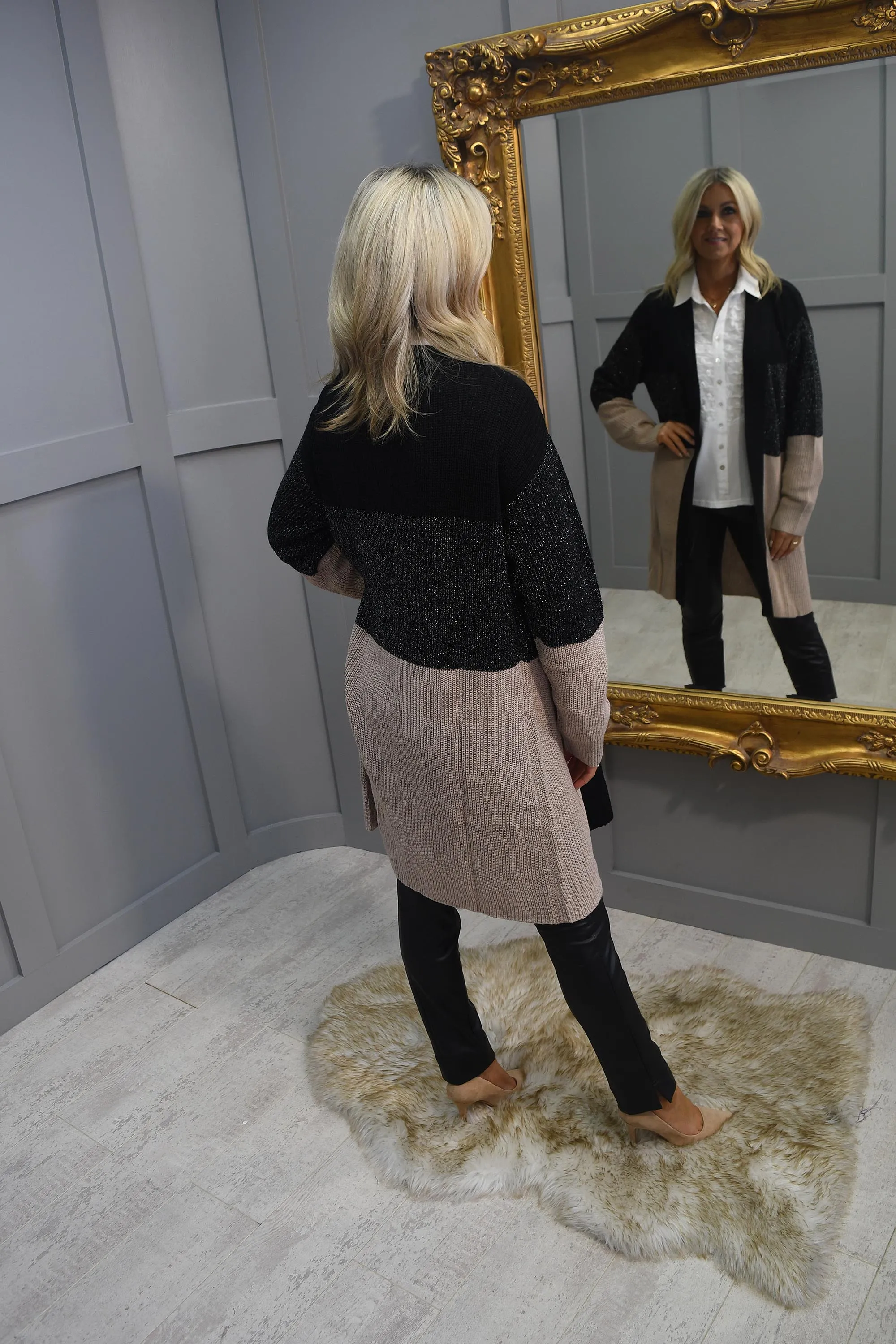 Passioni Black & Beige Cardigan With Silver Sparkle Detail-14164