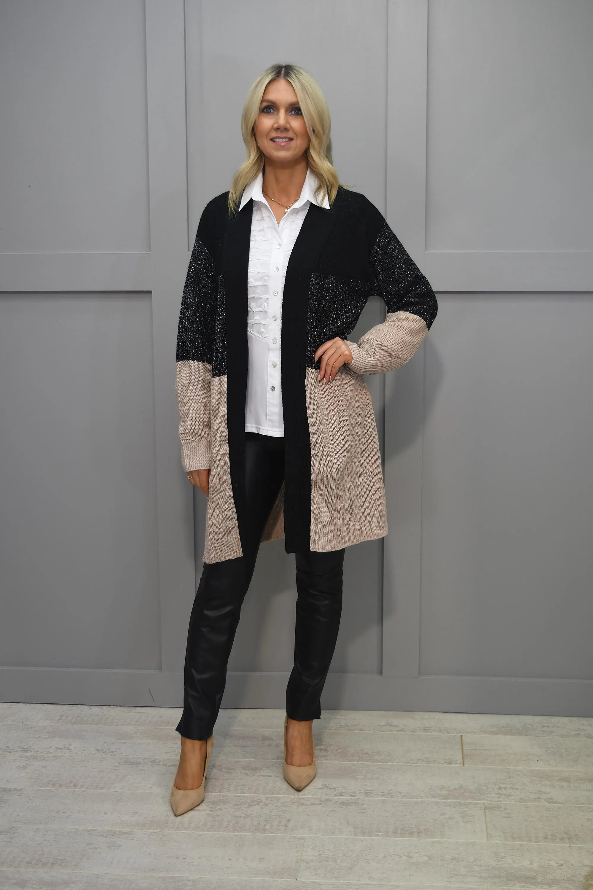 Passioni Black & Beige Cardigan With Silver Sparkle Detail-14164