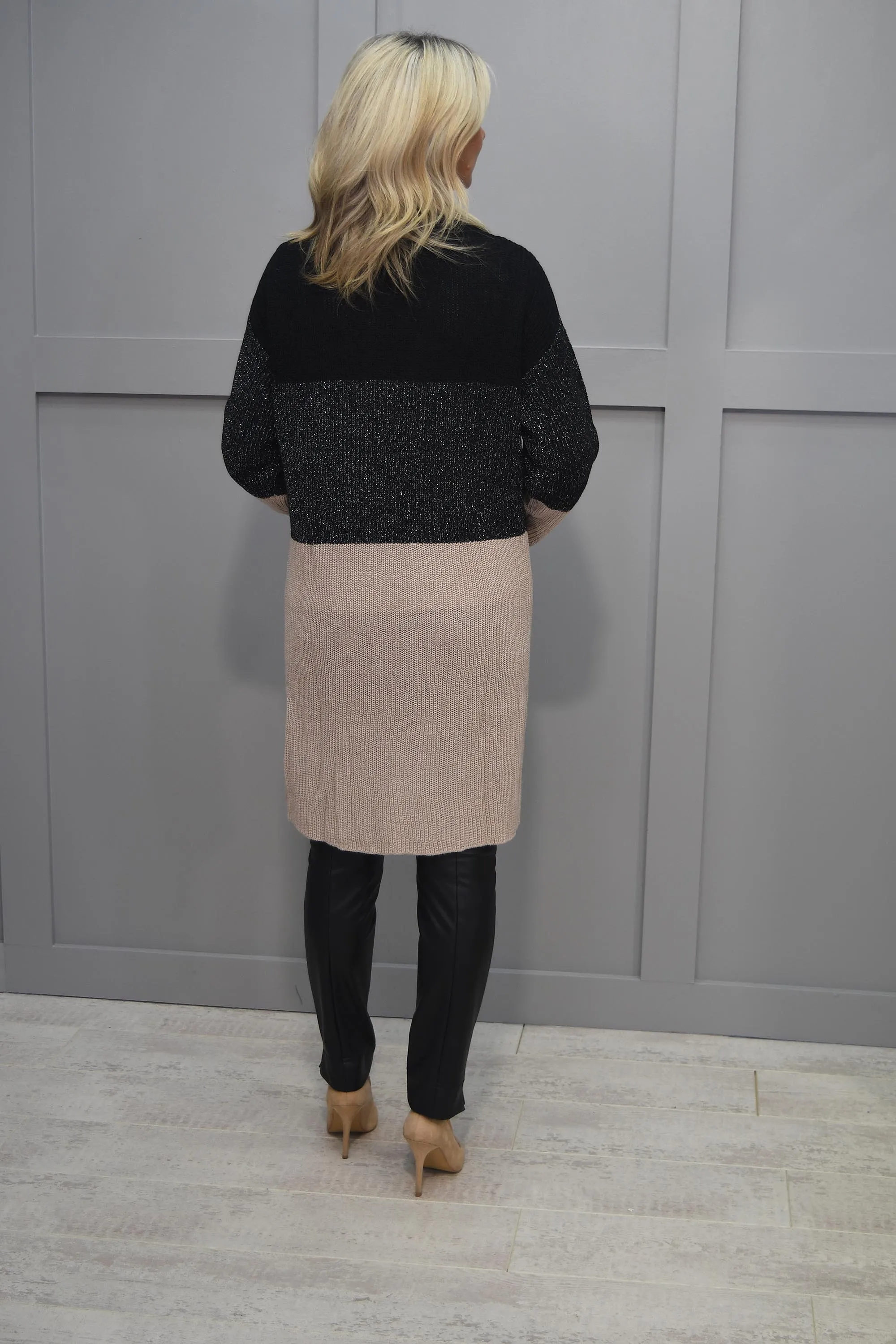 Passioni Black & Beige Cardigan With Silver Sparkle Detail-14164
