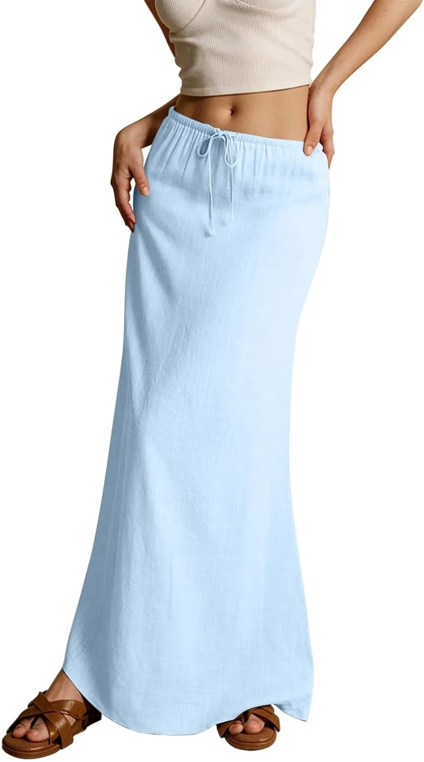 Pencil Skirt for Women Cotton Linen Summer Skirts Trendy Elastic Waist Drawstring Long Skirts for Beach Vacation