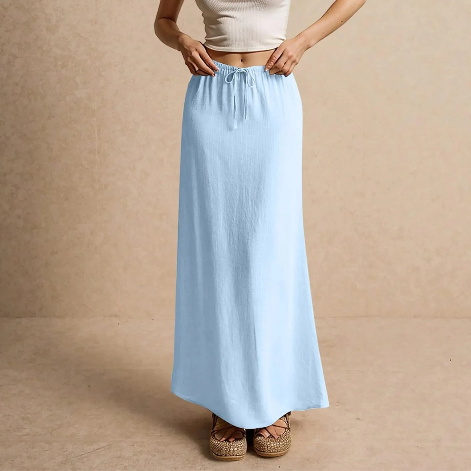 Pencil Skirt for Women Cotton Linen Summer Skirts Trendy Elastic Waist Drawstring Long Skirts for Beach Vacation