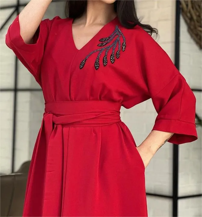 Red Belted Elegant Midi Dress