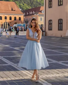 Rochie de ocazie midi cu decolteu si snur