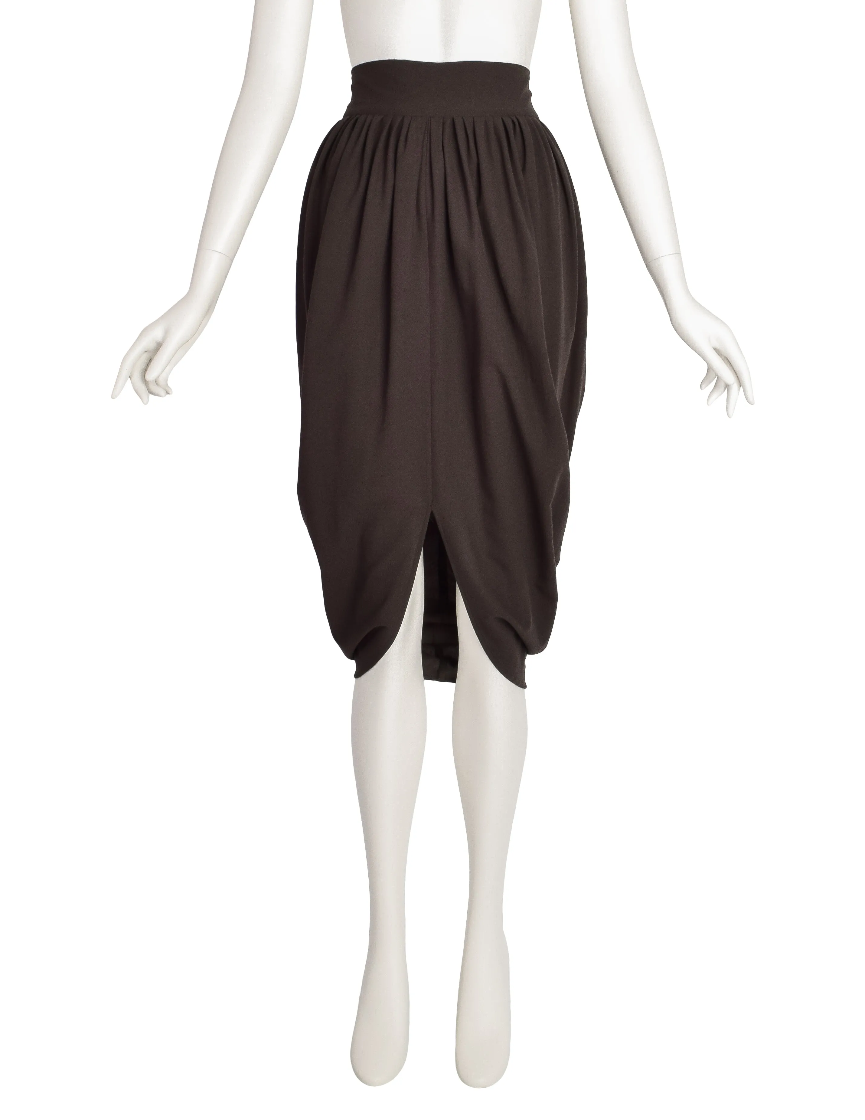 Romeo Gigli Vintage 1980s Deepest Brown Wool Crepe Draping Tulip Cocoon Skirt