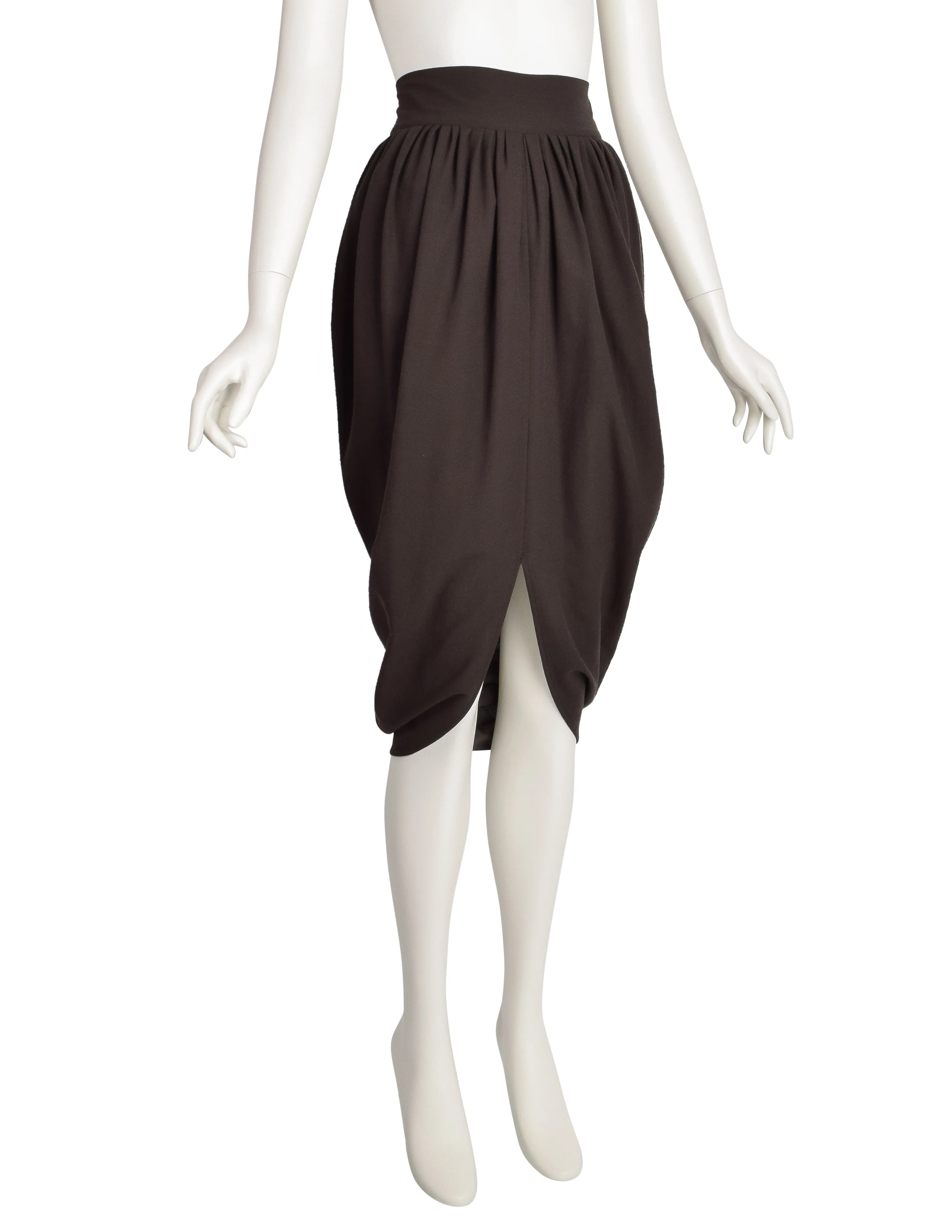 Romeo Gigli Vintage 1980s Deepest Brown Wool Crepe Draping Tulip Cocoon Skirt
