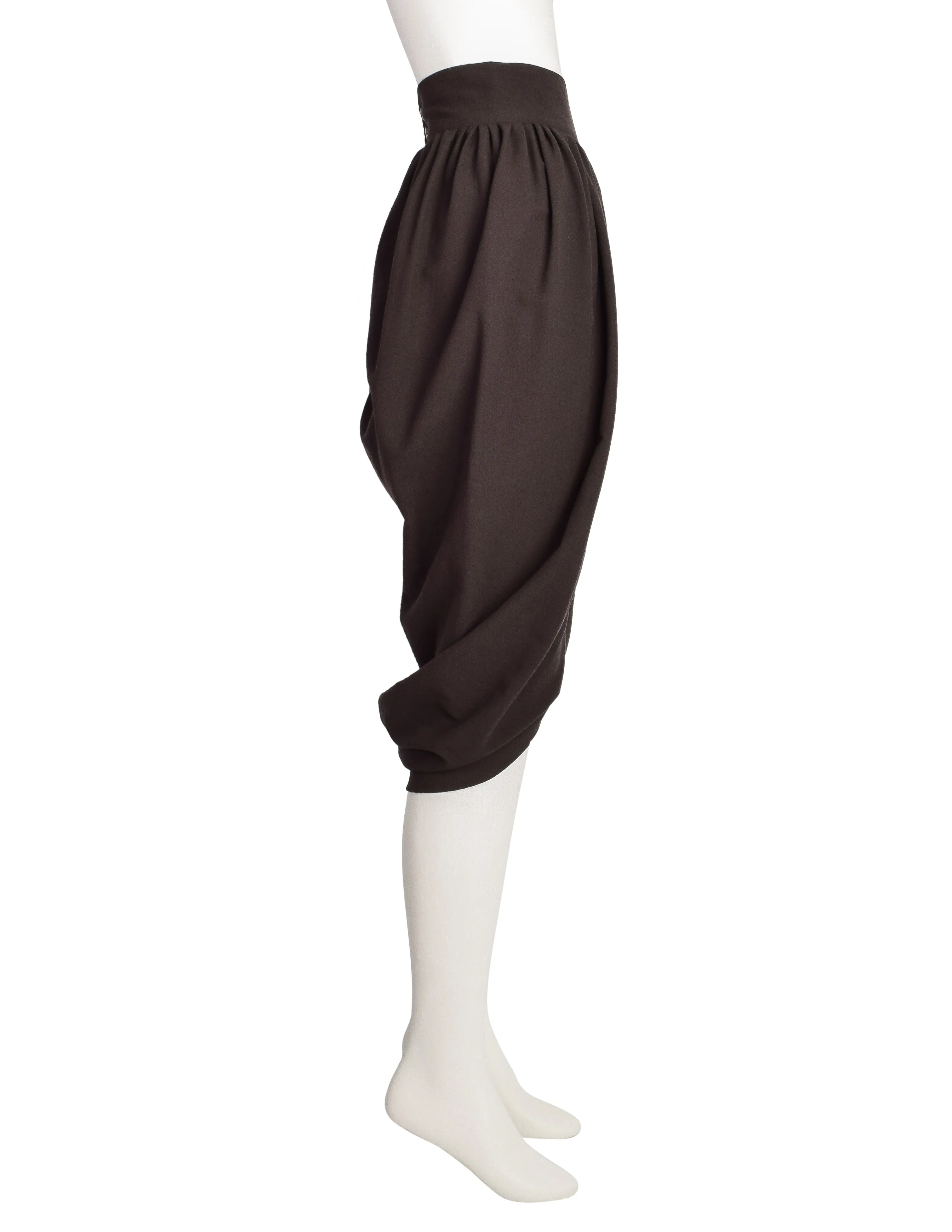 Romeo Gigli Vintage 1980s Deepest Brown Wool Crepe Draping Tulip Cocoon Skirt