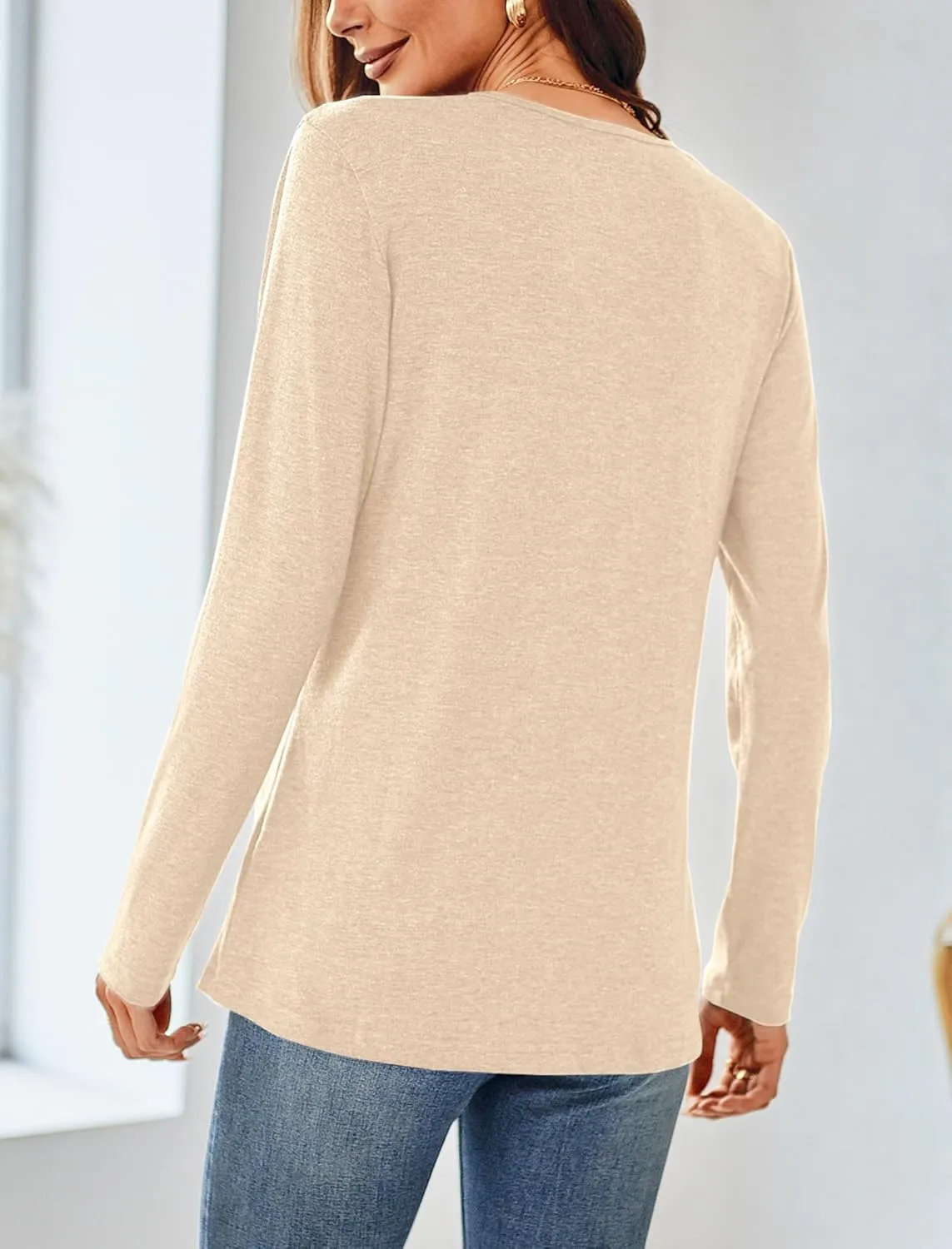 Sherosa Womens Long Sleeve Tops Henley Shirts Casual V-Neck Botton Up Tunic Blouses