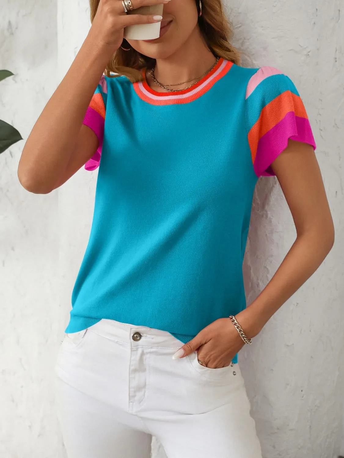 Summer Tops for Women 2025 Casual Crewneck Cap Sleeve Shirts Loose Fit Lightweight Knit Sweater Pullover Top