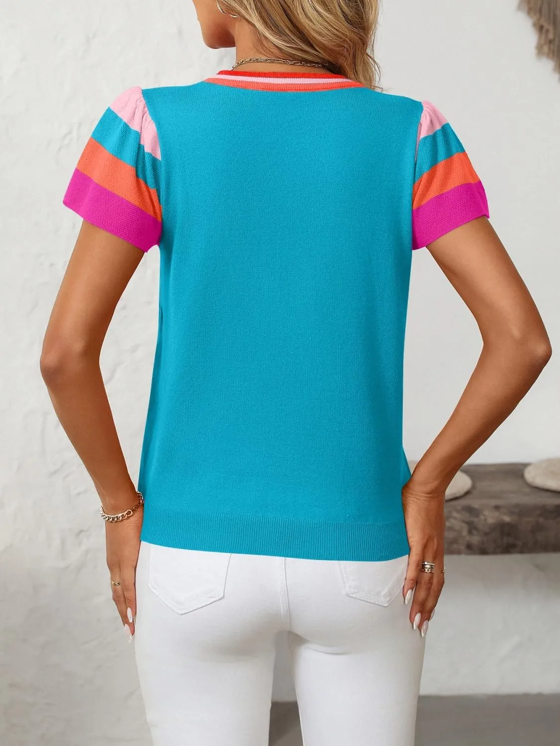 Summer Tops for Women 2025 Casual Crewneck Cap Sleeve Shirts Loose Fit Lightweight Knit Sweater Pullover Top