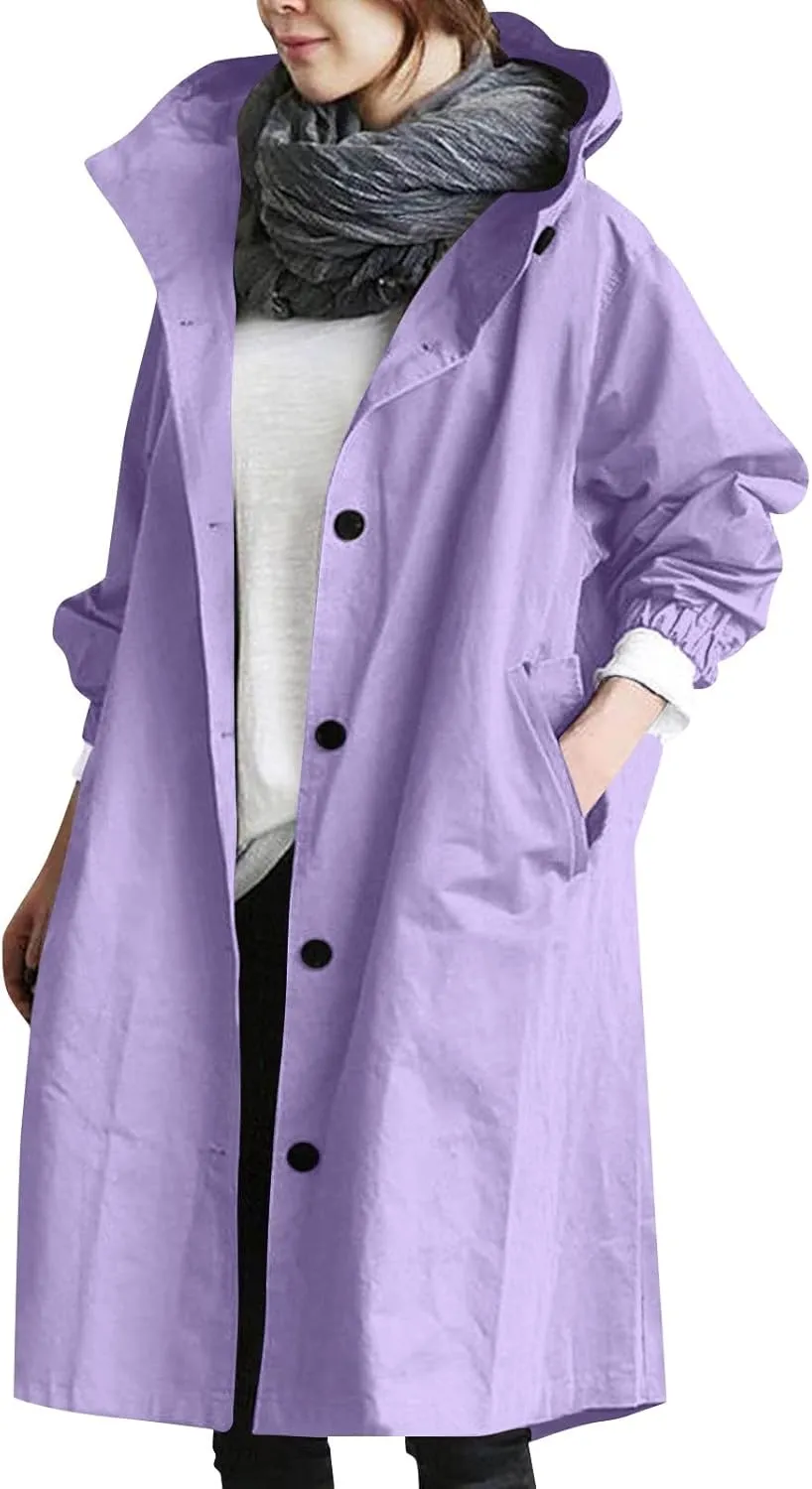 UOFOCO Womens Anorak Rain Coat with Hood Waterproof Plus Size Long Rain Jacket Trench Coat Windbreaker for Women