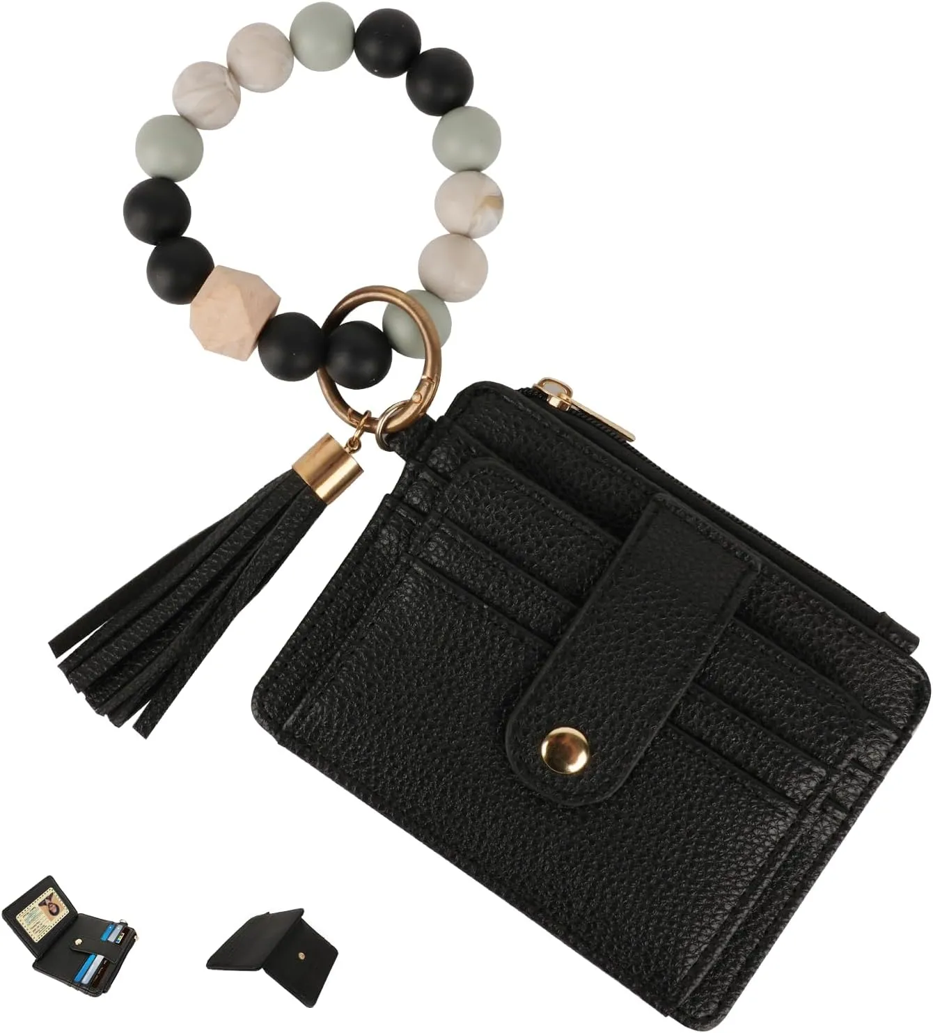 Wallet Keychain Wristlet for Women - Slim RFID Credit Card Holder Purse with Tassel, Bangle Key Ring - Black