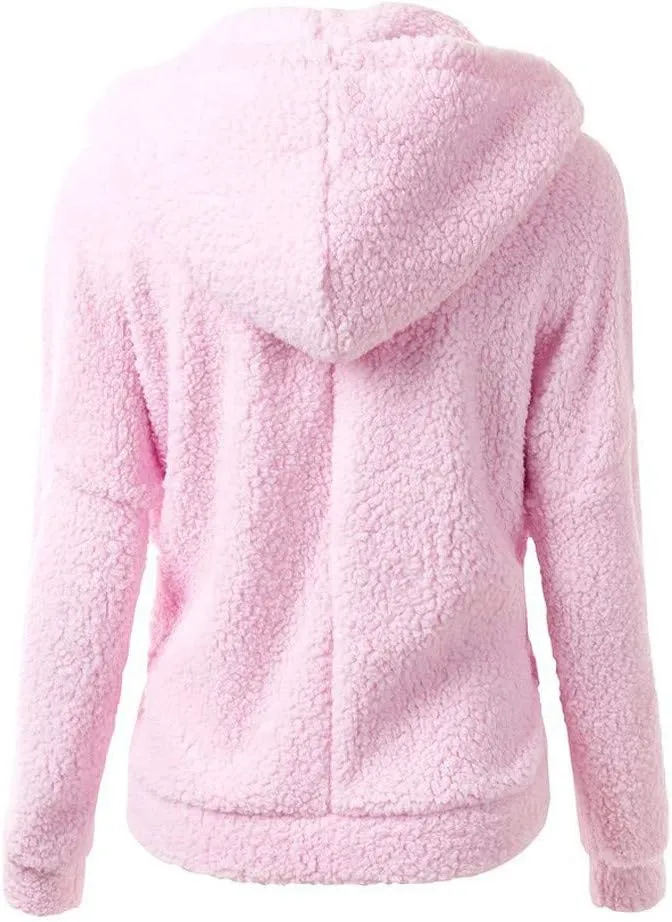 Winter Clothes for Women 2023 Fuzzy Fleece Long Sleeve Zip Up Solid Sherpa Coat Hooded Jacket Wool Warm Outerwear with Pocket
