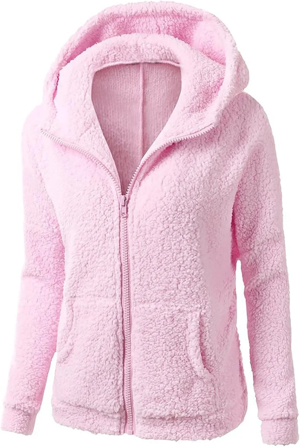 Winter Clothes for Women 2023 Fuzzy Fleece Long Sleeve Zip Up Solid Sherpa Coat Hooded Jacket Wool Warm Outerwear with Pocket