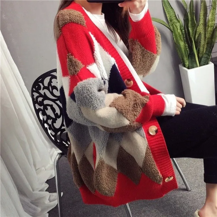 Women Casual Sweater Cardigan Winter Loose knitted Medium Length Coat