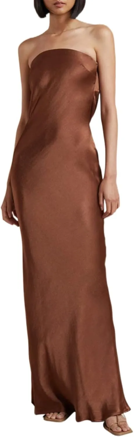 Women Elegant Tube Top Strapless Long Dress Open Back Satin Party Cocktail Bodycon Dress
