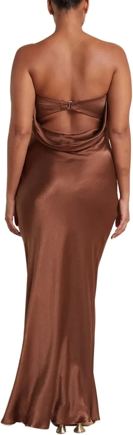 Women Elegant Tube Top Strapless Long Dress Open Back Satin Party Cocktail Bodycon Dress