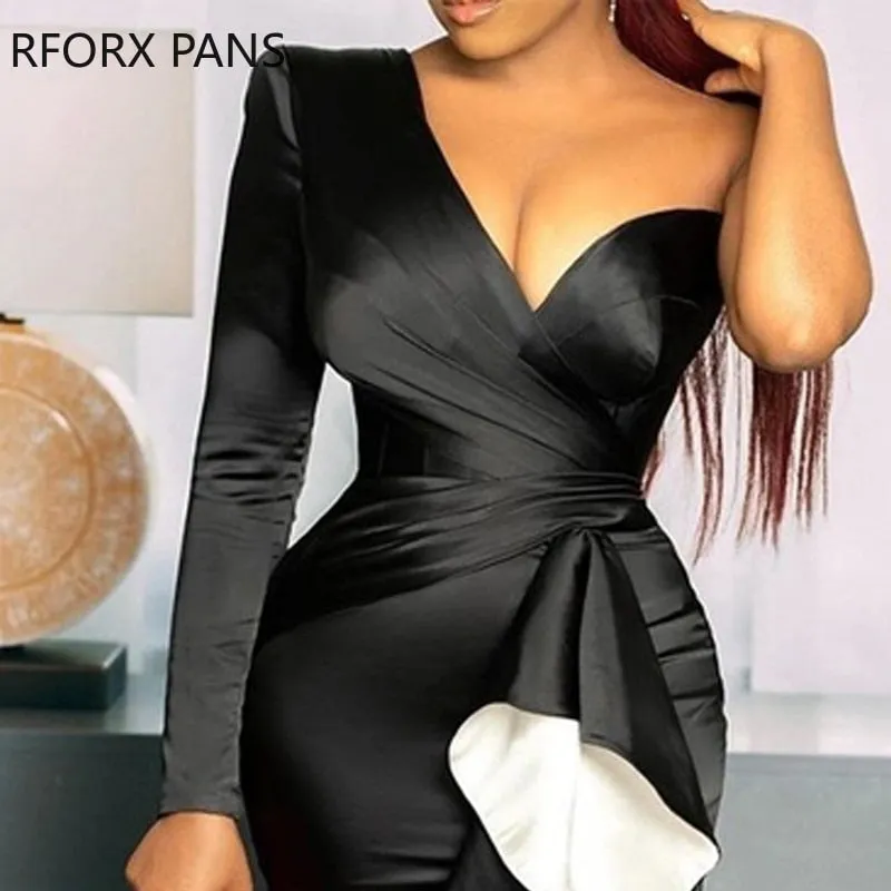 Women Formal Elegant Ruffles Black Dress